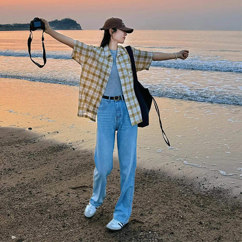 美式浅蓝色高街窄版直筒牛仔裤女春秋新款高腰宽松垂感加长拖地裤