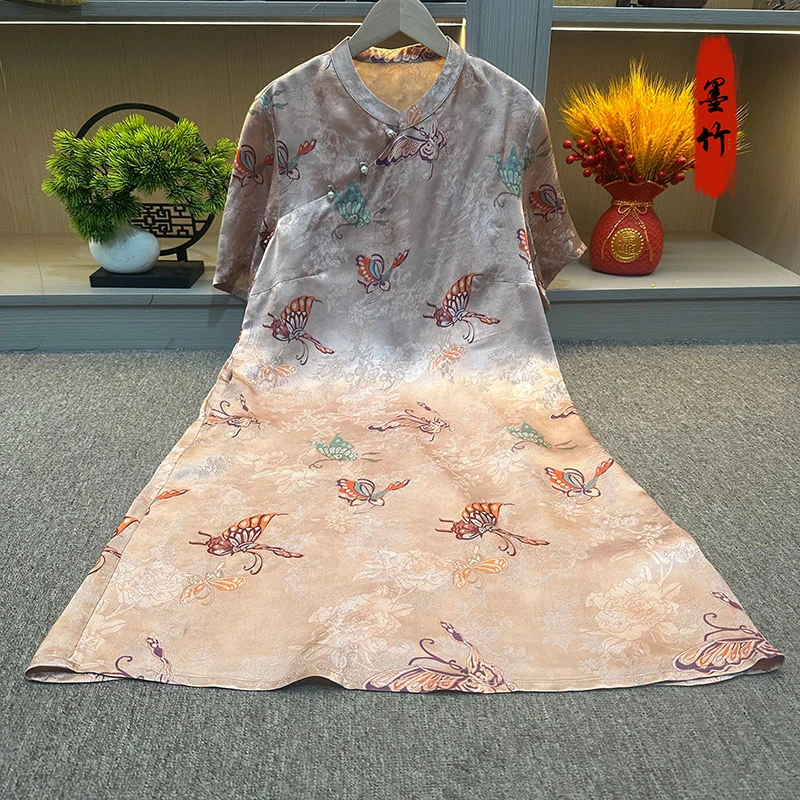 【69731】气质新中式旗袍裙提花显瘦A字裙短连衣裙中老年女装