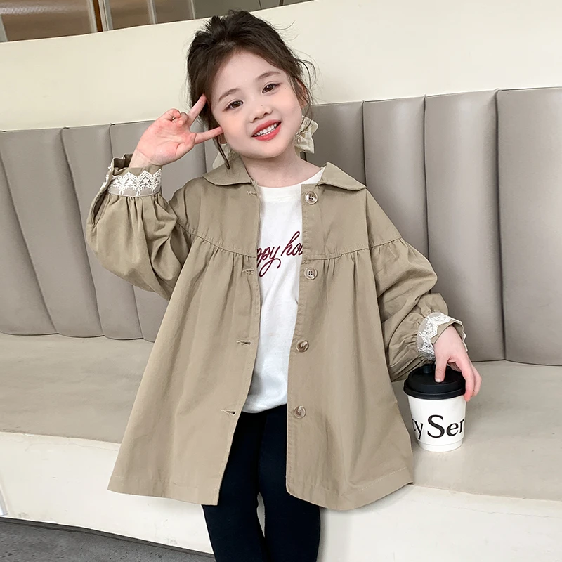 女童风衣春秋款2025新款儿童洋气韩版中长款外套休闲袖口花边上衣