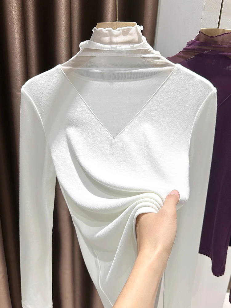 秋冬爆款修身百搭木耳边针织上衣别致堆堆领小衫保暖假两件打底衫