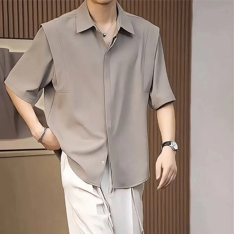 高级垂感冰丝短袖衬衫男夏季半袖上衣韩版潮流纯色免烫中袖衬衣潮