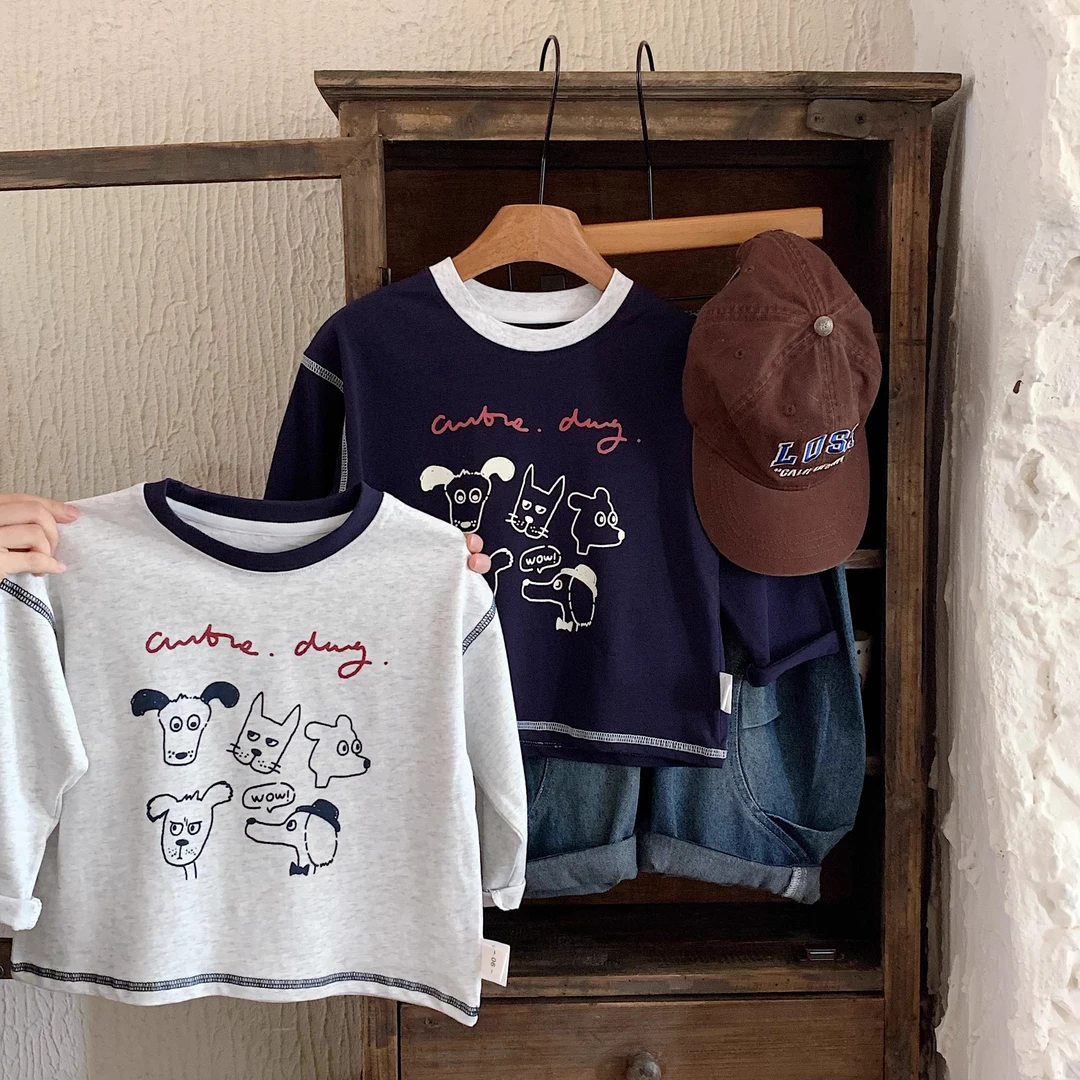 儿童t恤2025秋季新款韩版男童纯棉内搭小狗长袖打底衫宝宝秋装潮