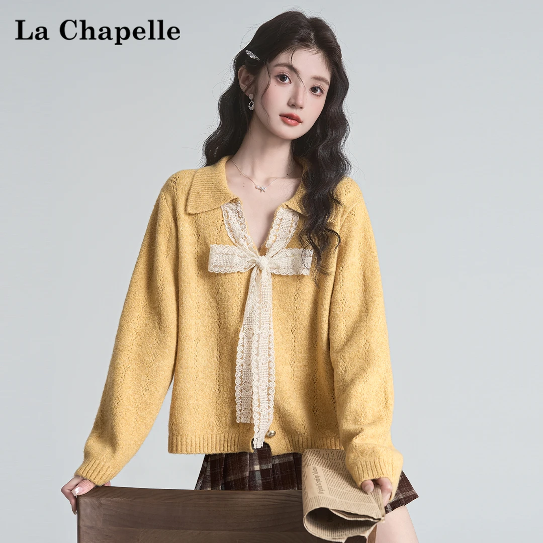拉夏贝尔纯欲温柔风蝴蝶结系带黄色长袖针织衫女秋季毛衣翻领上衣
