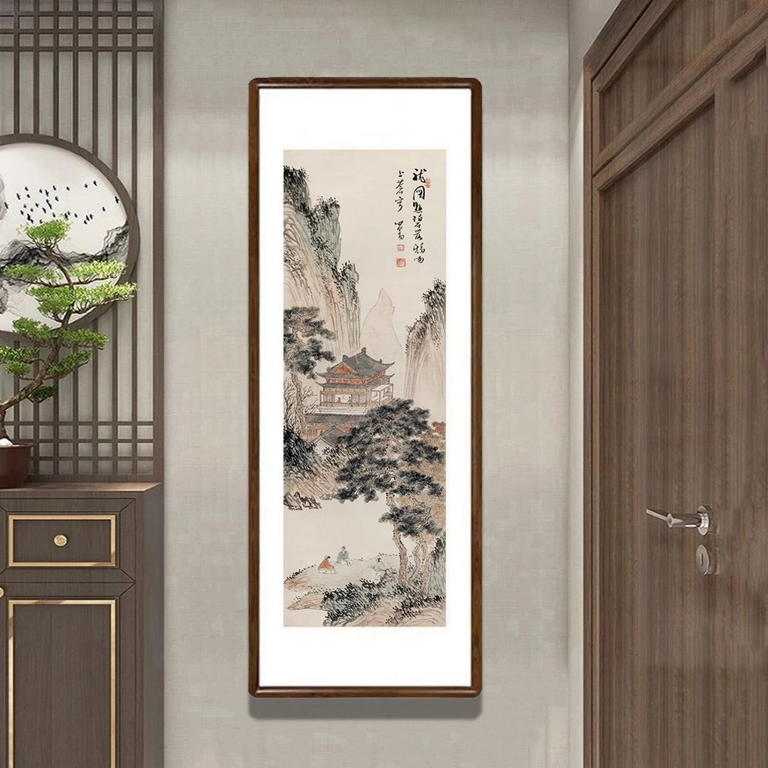 名画松溪楼阁图条幅山水画新中式客厅装饰画茶室酒店玄关过道挂画