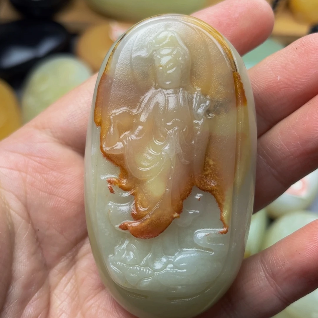 石材方解石手把件观音