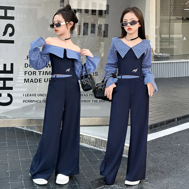 女童秋季时尚韩版格子套装2025新款中大童一字肩阔腿裤套装设计感