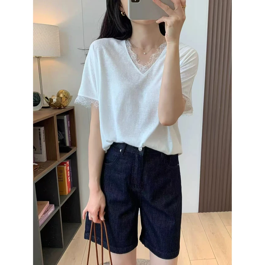 6230宽松蕾丝V领T恤女士雪花棉t恤打底衫百搭夏季白色