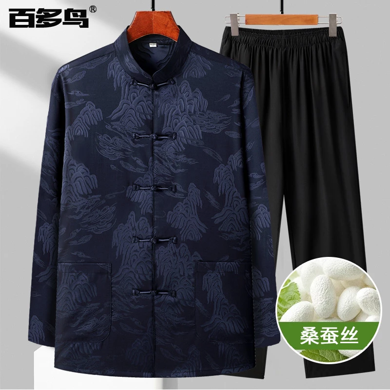 春季唐装男中老年桑蚕丝长袖套装爸爸装春秋薄款老人生日过寿衣服