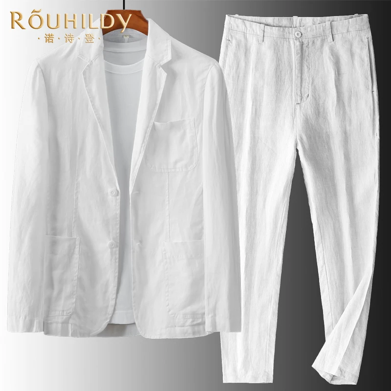Rouhildy亚麻西服套装男春夏季纯色上衣长裤男士休闲西装两件套