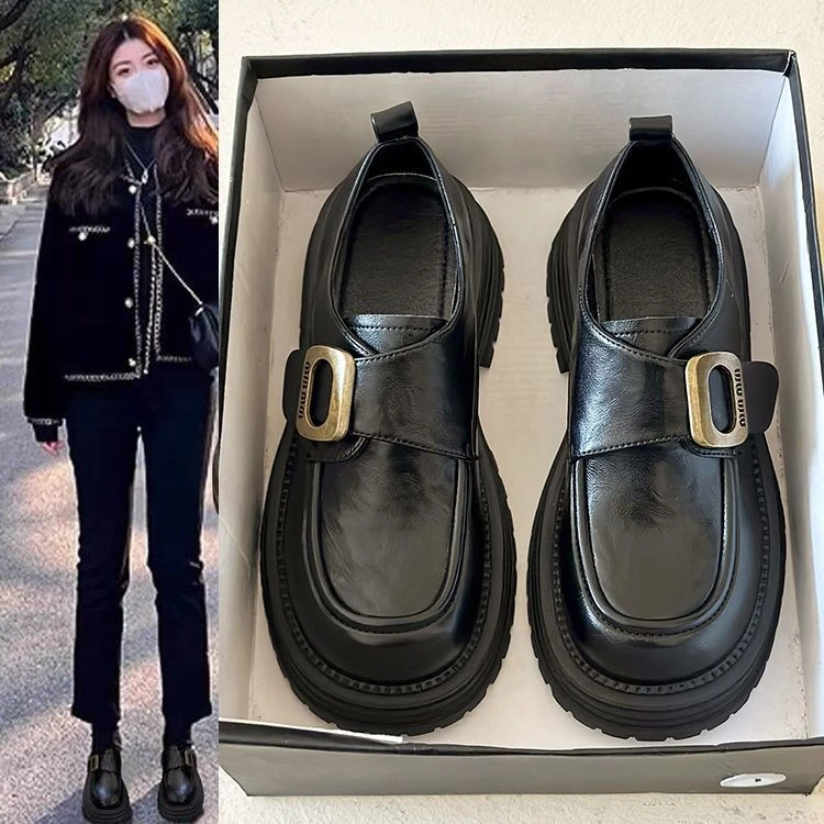 棕色鞋子女厚底系带小皮鞋2024秋季新款英伦风增高乐福鞋jk鞋单鞋