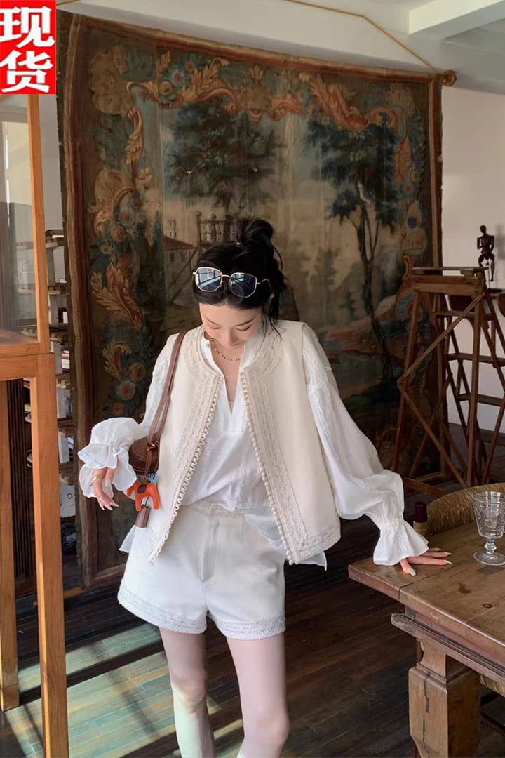 欧阳 亚麻盘扣花边马甲女夏季薄款设计感小众老钱风复古马夹