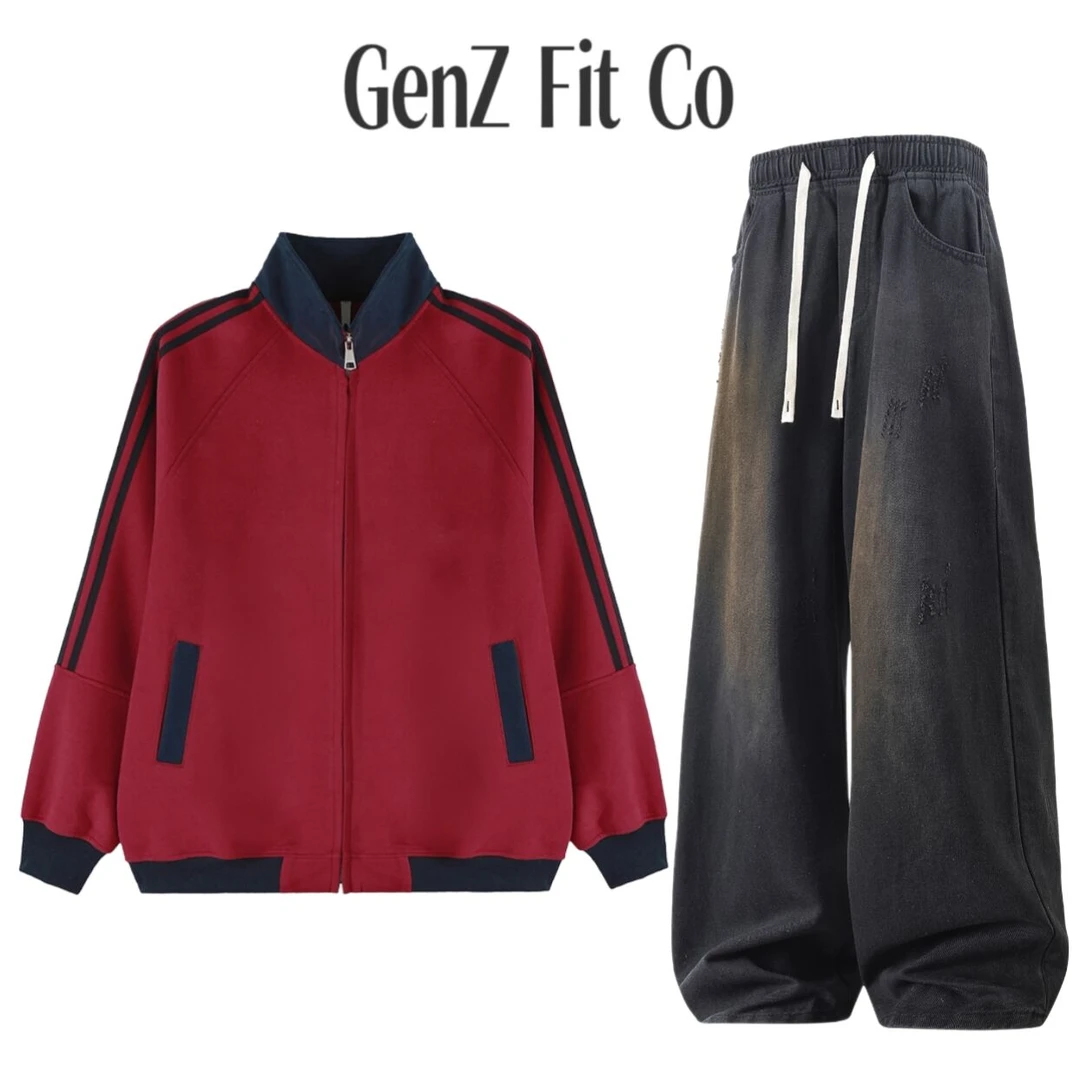 GenZFitCo美式条纹撞色学生少年感慵懒潮流学院风卫衣休闲套装
