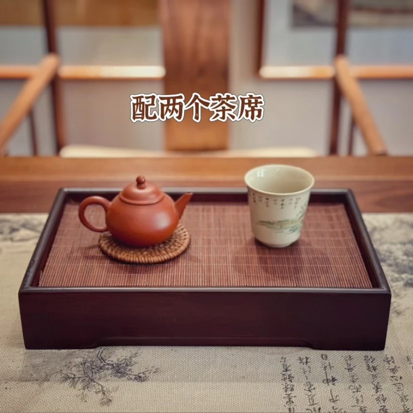 复古中式竹帘竹席茶盘楠竹储水底盘家用办公便携收纳一体茶盘