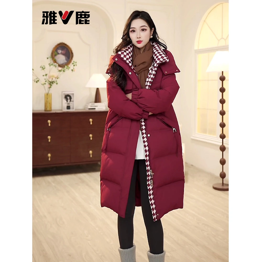 雅鹿正品长款羽绒服女士冬季新款宽松连帽时尚潮流保暖鸭绒外套