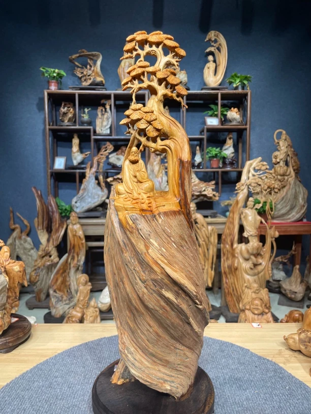 太行崖柏全陈华螺旋纹理红油老料纯手工雕刻镂空意境精品松下达摩