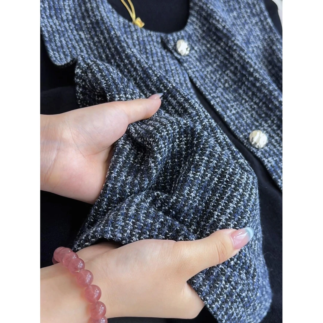 粗花呢丈青小香风马夹外套背心小个子法式复古编织上衣