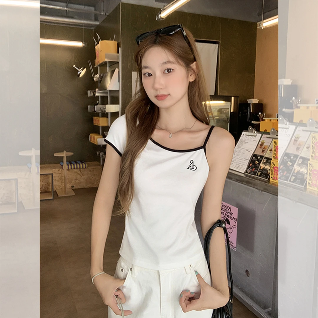 韩系辣妹斜肩拼接系带短袖t恤女2025夏季新款上修身显瘦露肩上衣