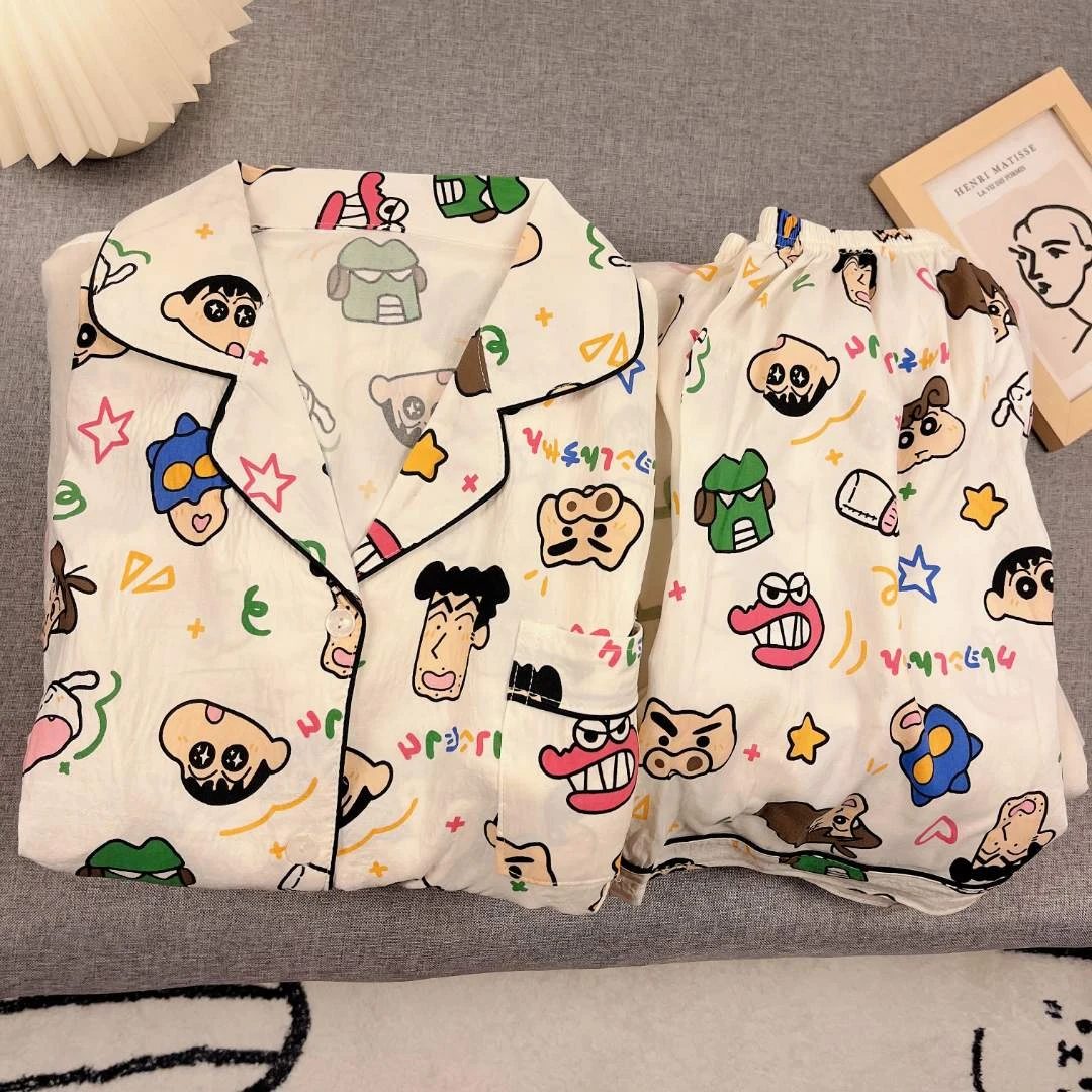 带胸垫睡衣女夏季短袖短裤甜美卡通韩版休闲宽松开衫家居服套装