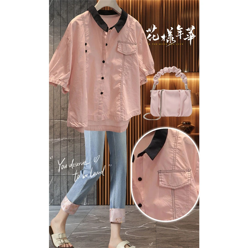 夏季新款设计感减龄短袖纯色衬衫上衣女胖妹妹大码宽松休闲衬衣潮