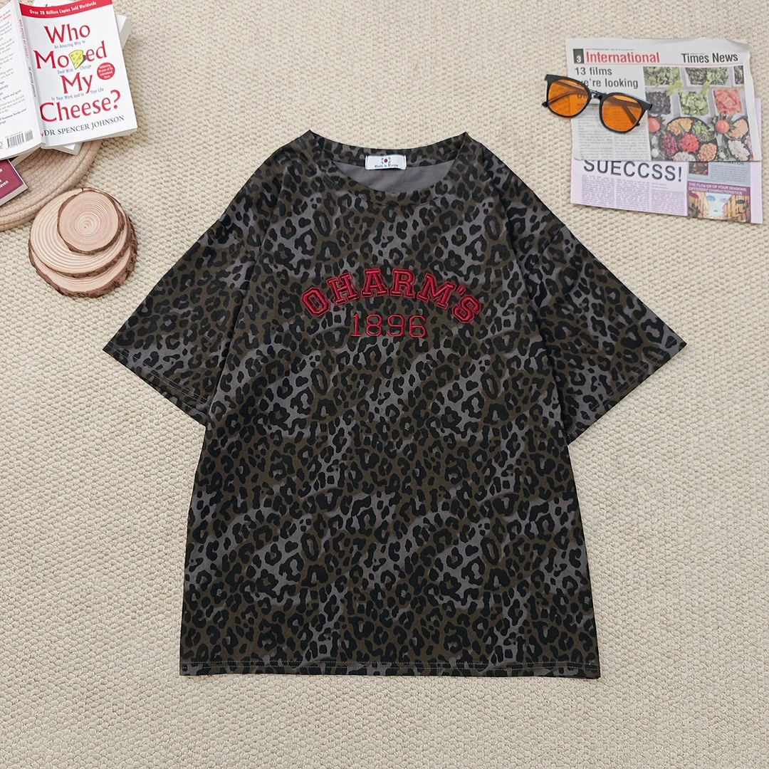 2025夏季新款宽松百搭时尚字母刺绣豹纹短袖T恤2224