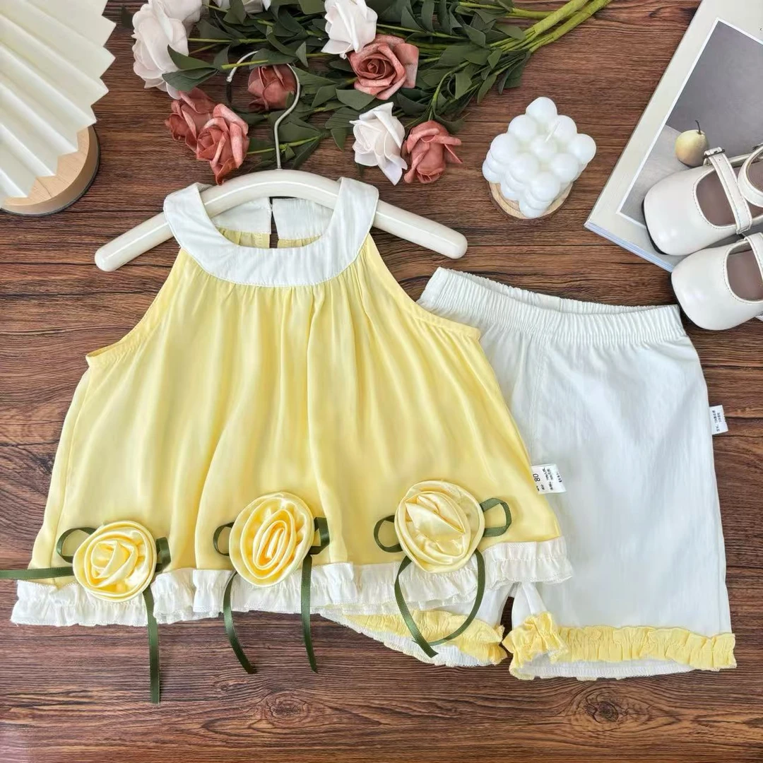 夏季2025新款儿童玫瑰花无袖吊带时髦夏装女宝宝外出服L-B-B73