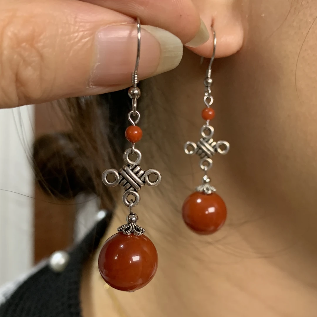 天然红玛瑙满色满肉卡12mm左右S925银镶嵌古风气质耳饰