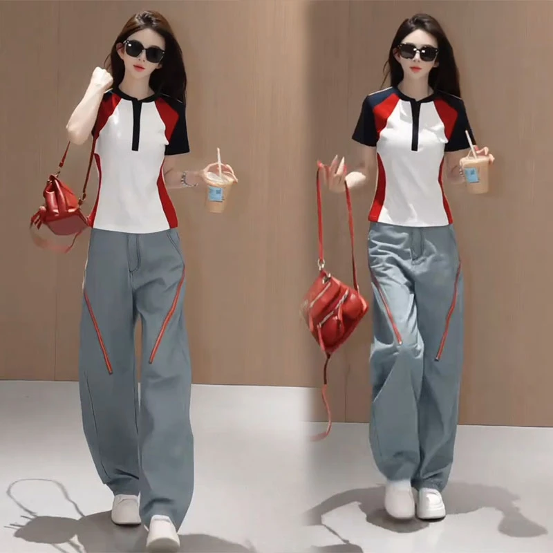 撞色设计半开领短袖t恤上衣斜拉链条纹阔腿裤两件套装女2025夏季