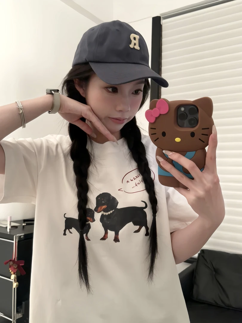 BèBè 小众jennie同款简约腊肠狗印花T恤女纯棉圆领宽松百搭夏季