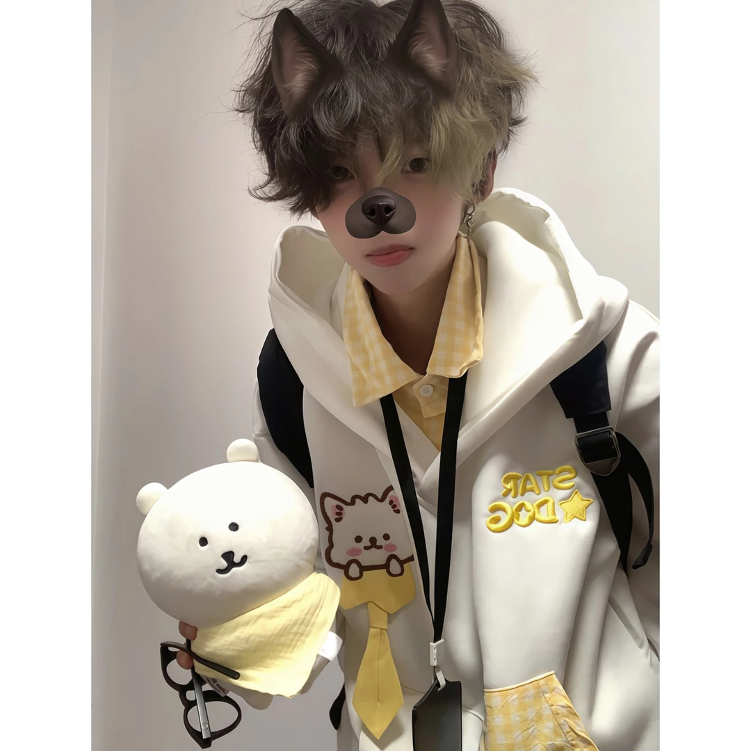美式学院风小狗刺绣假两件连帽卫衣男2025新款青少年小众情侣帽衫