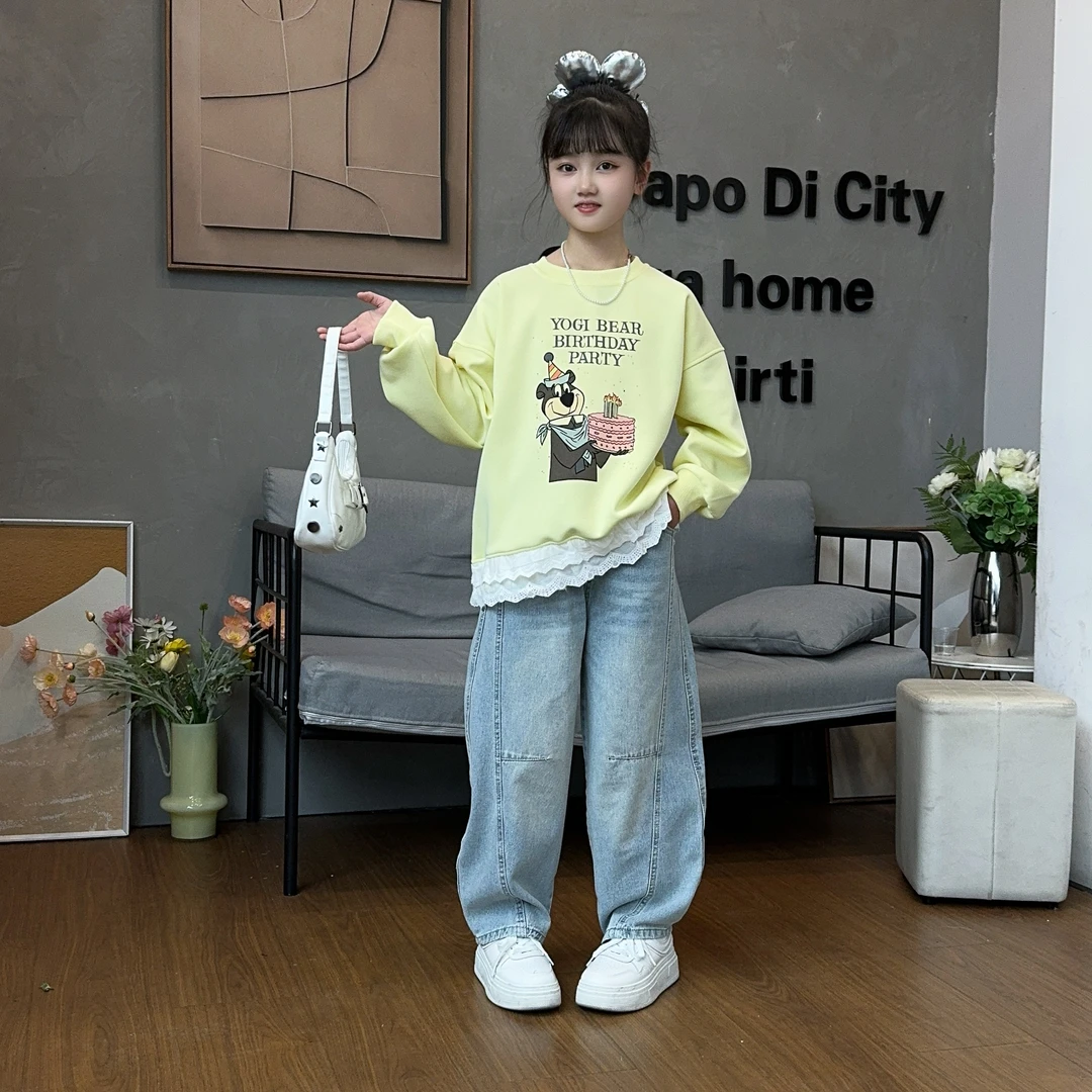 女童蕾丝拼接卫衣长袖休闲中大童春秋时尚打底衫弯刀裤两件套KKBX