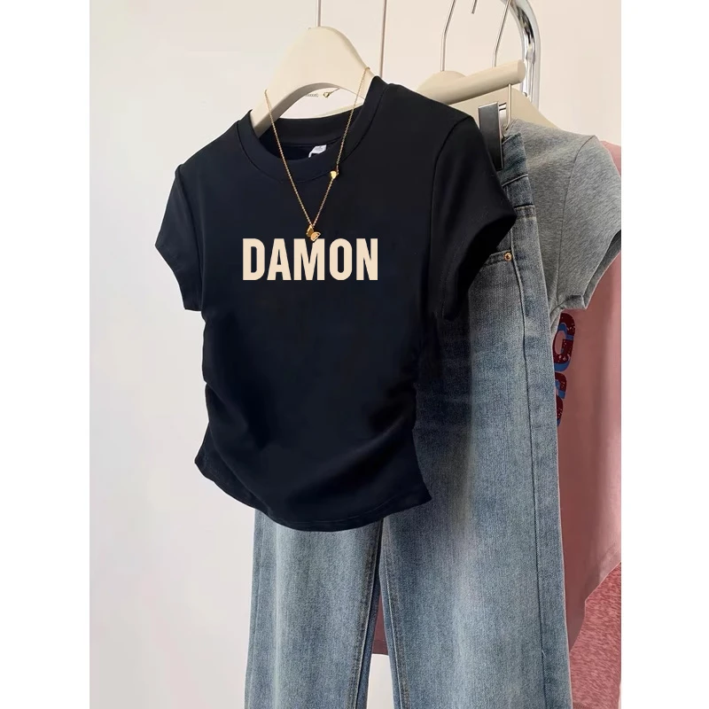 不规则正肩短袖t恤女夏季薄款2025新款设计感收腰修身短款上衣潮