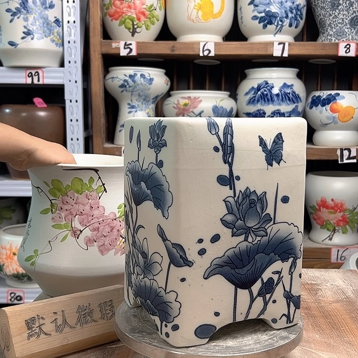 陶四方盆青花荷花陶瓷