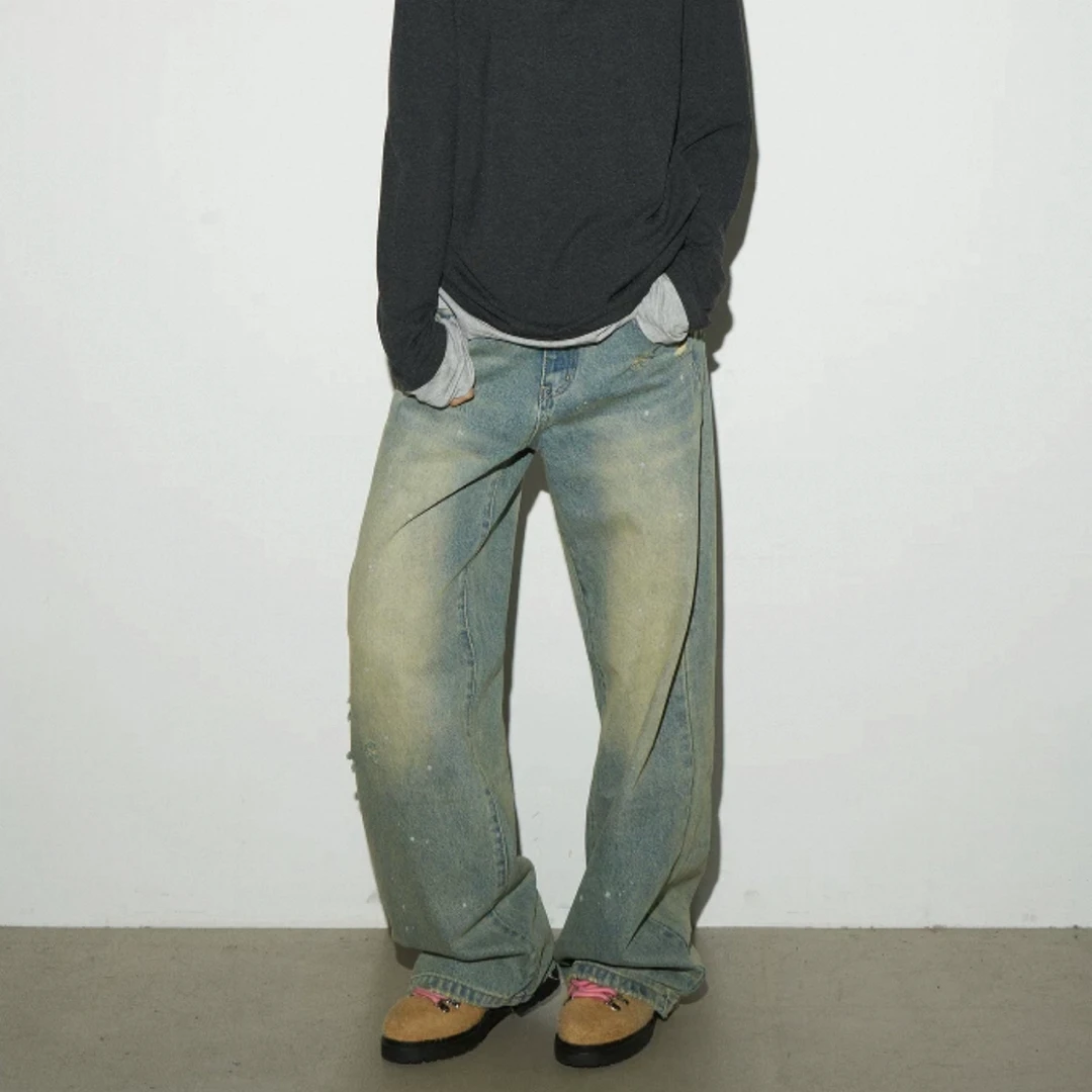 F29#某宝14x！一个字百搭！「破洞点彩」复古泼墨休闲显瘦牛仔裤男女