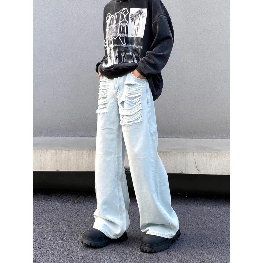 美式复古破洞磨毛设计直筒牛仔裤男潮牌高街嘻哈vibe阔腿宽松长裤