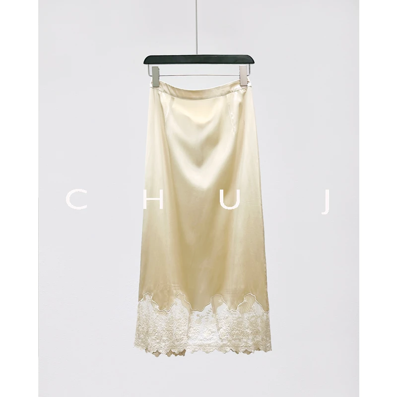 CHU JIAN原创设计重磅桑蚕丝半身裙刺绣拼接真丝高腰直筒包臀裙子