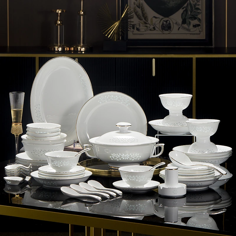 景德镇白瓷玲珑缠枝莲描金餐具套组高档白瓷金边新中式轻奢高级