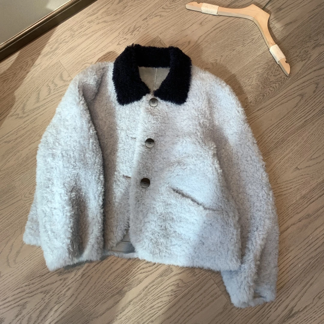 【轻奢】韩系100%颗粒绒撞色翻領baby羊羔毛保暖短款外套女