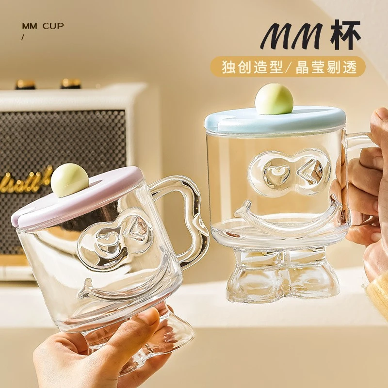 ins风带盖高颜值玻璃水杯小众高脚甜品咖啡杯浮雕创意玻璃杯可爱