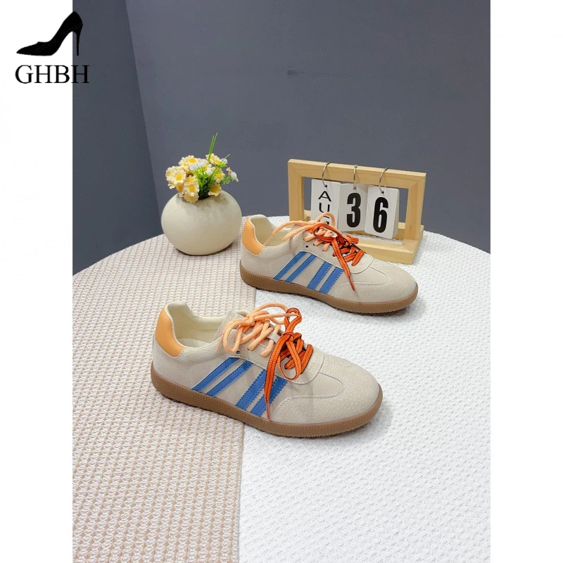 时尚拼色平底德训鞋女款2025年秋季爆款彩色双鞋带休闲鞋厚底板鞋