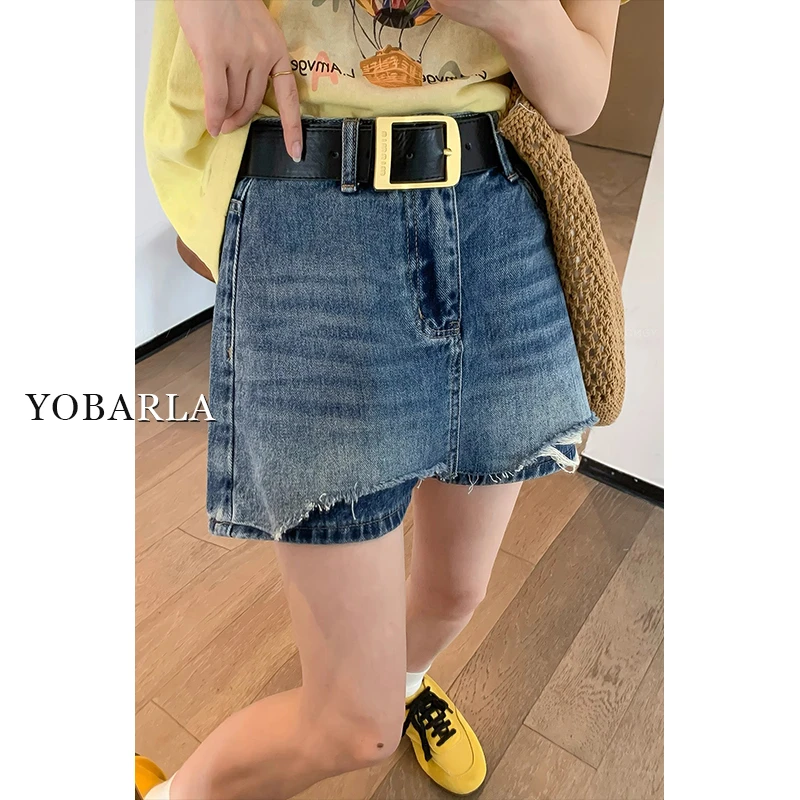 蓝色破洞毛边a字牛仔裙裤女秋冬新款梨型身材大码高腰显瘦半身裙