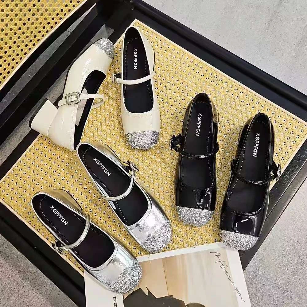 6091新款亮面拼色设计感玛丽珍鞋粗跟气质百搭配裙单鞋女