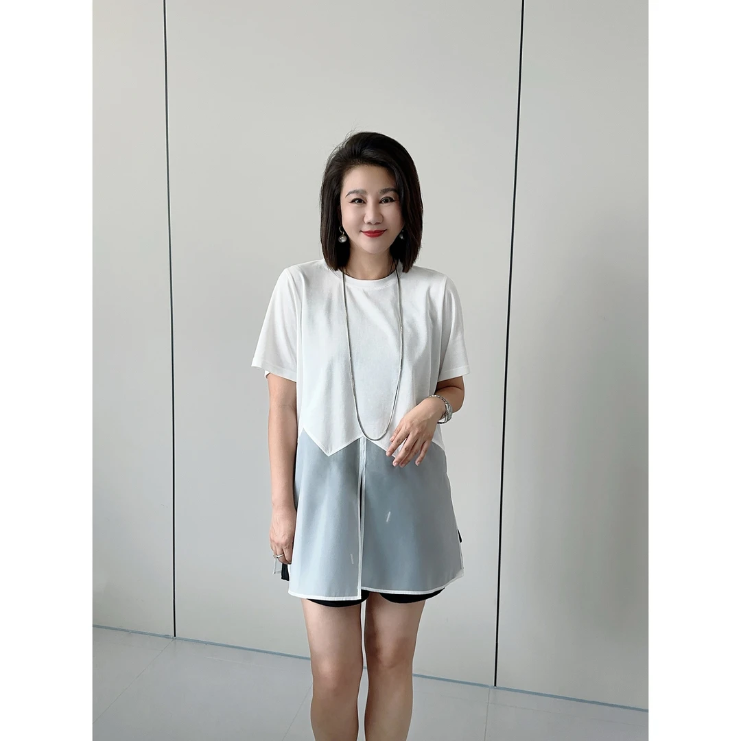 微胖女装【风吻纱】拼接欧根纱T恤夏季新款显瘦百搭短袖20733