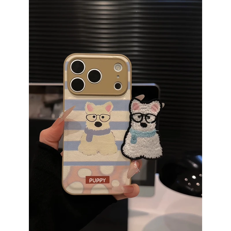 条纹拼接狗适用苹果17pro手机壳16PM肤感皮纹女防摔华为p70小米15