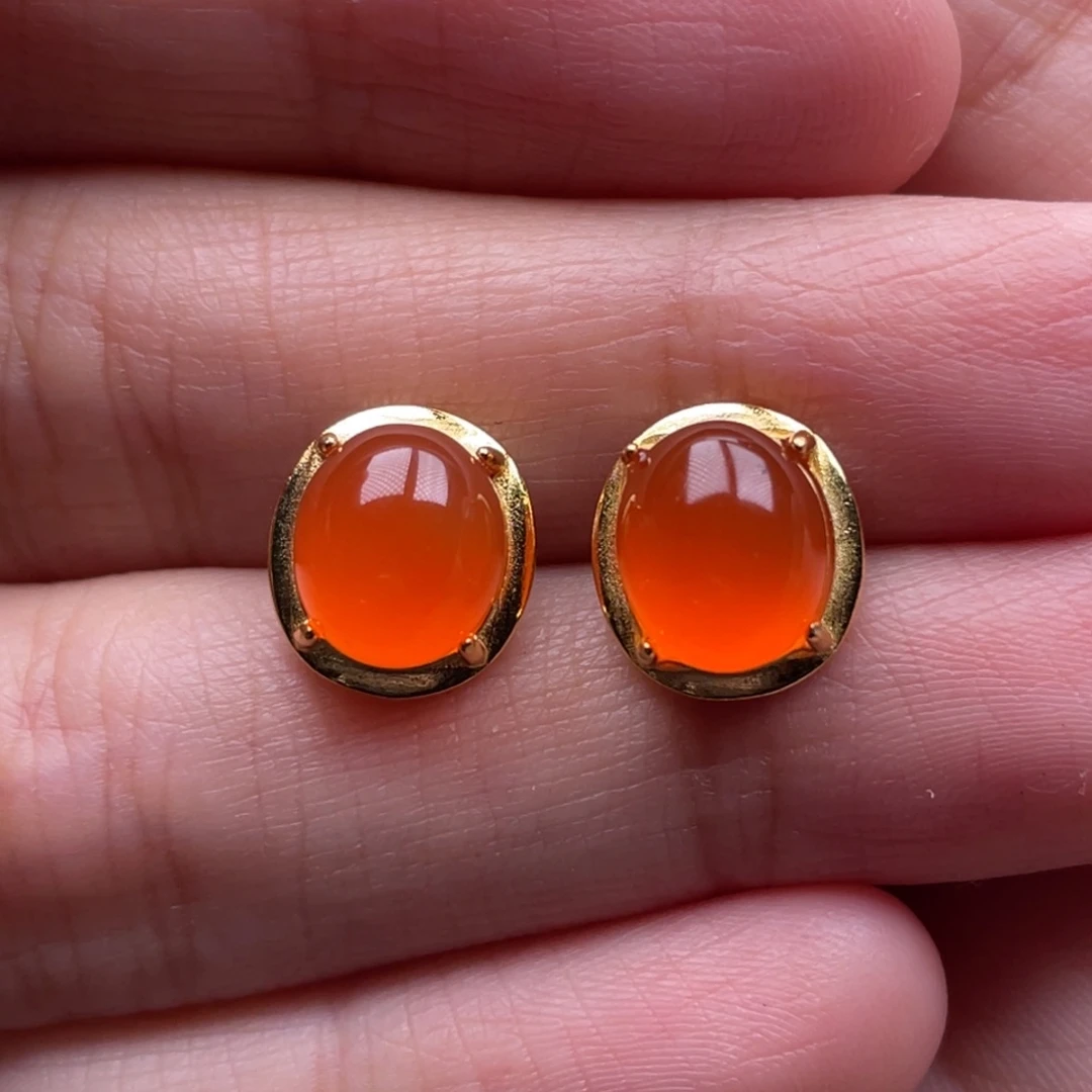 南红玛瑙银S925镶嵌珠宝奇石耳钉