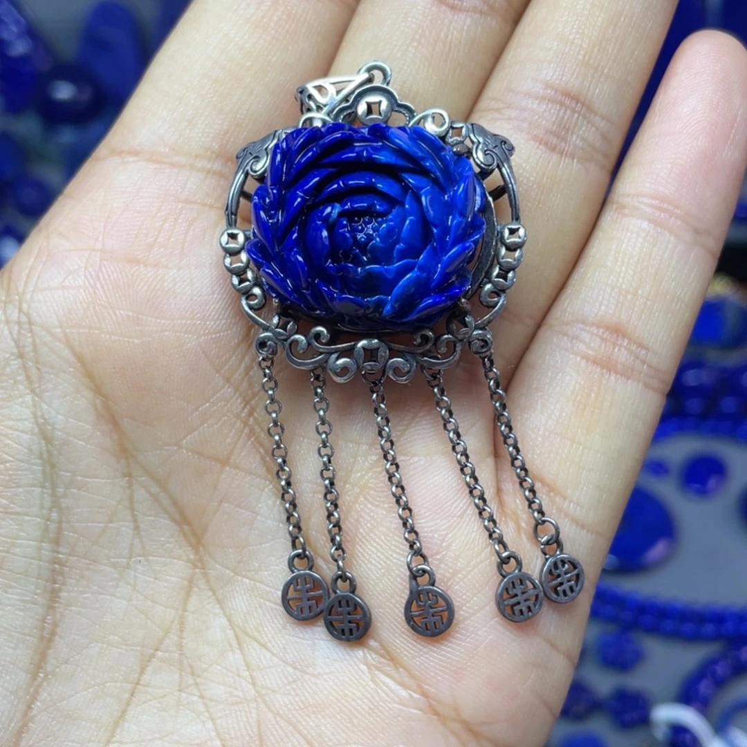 青金石银S925镶嵌牡丹花吊坠