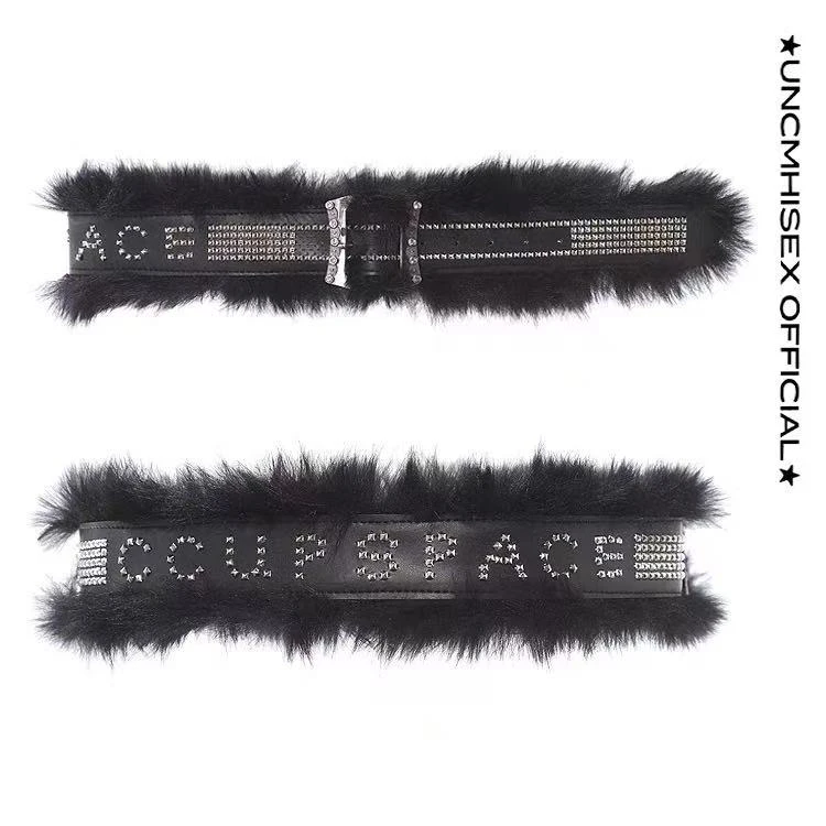 6NE 小众设计感重磅铆钉字母拼皮毛毛宽腰带复古百搭皮带