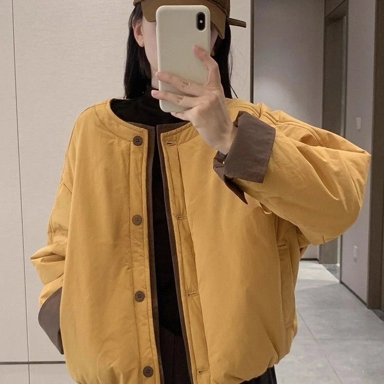 圆领厚款拼接常规款短款棉服棉衣百搭立领女装加厚休闲韩版秋冬