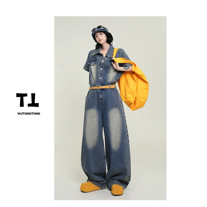 吴童童现货【暗色狂想】夏季新款牛仔连体裤女水洗做旧连衣裤62008