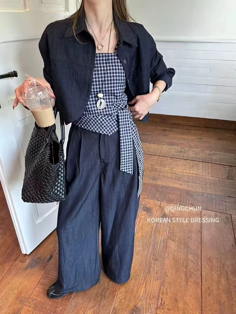 韩系休闲风套装女小众衬衫格子吊带2025超火穿搭一整套新款阔腿裤