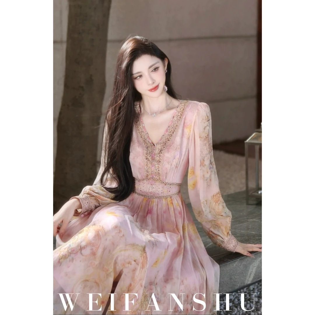 WEIFANSHU/魏凡舒【幻彩流光】早春新款法式海边度假风真丝连衣裙